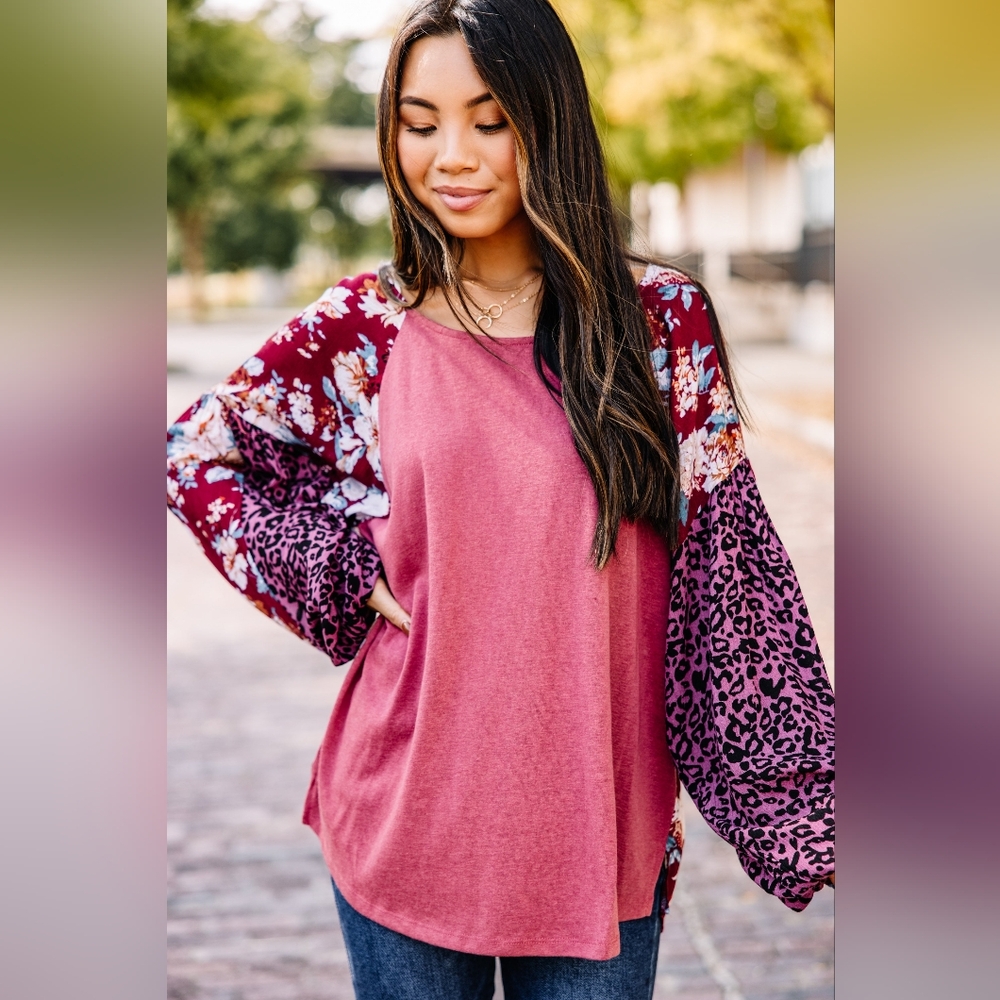 NWOT Umgee Pink Mauve Bubble Sleeve Mixed Print Blouse Top Medium Boho Floral